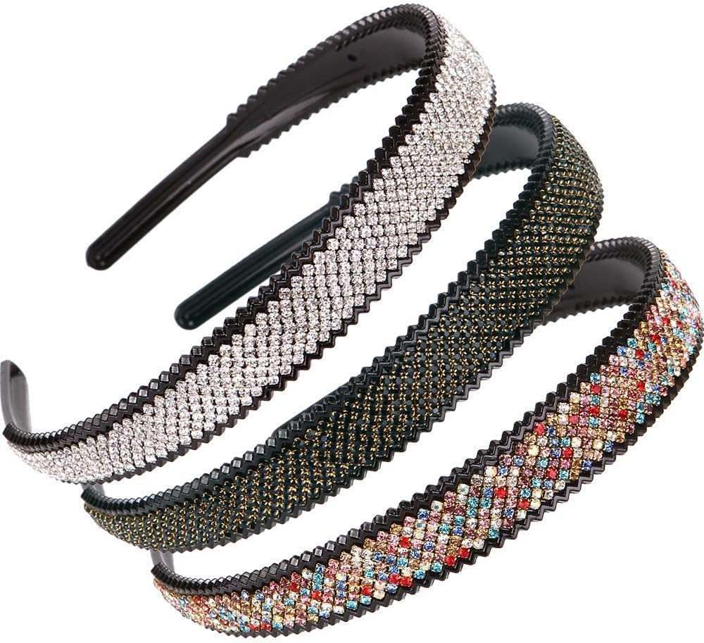 LONEEDY 2cm Wide Full Rhinestone and Crystal Teeth Comb Headbands For