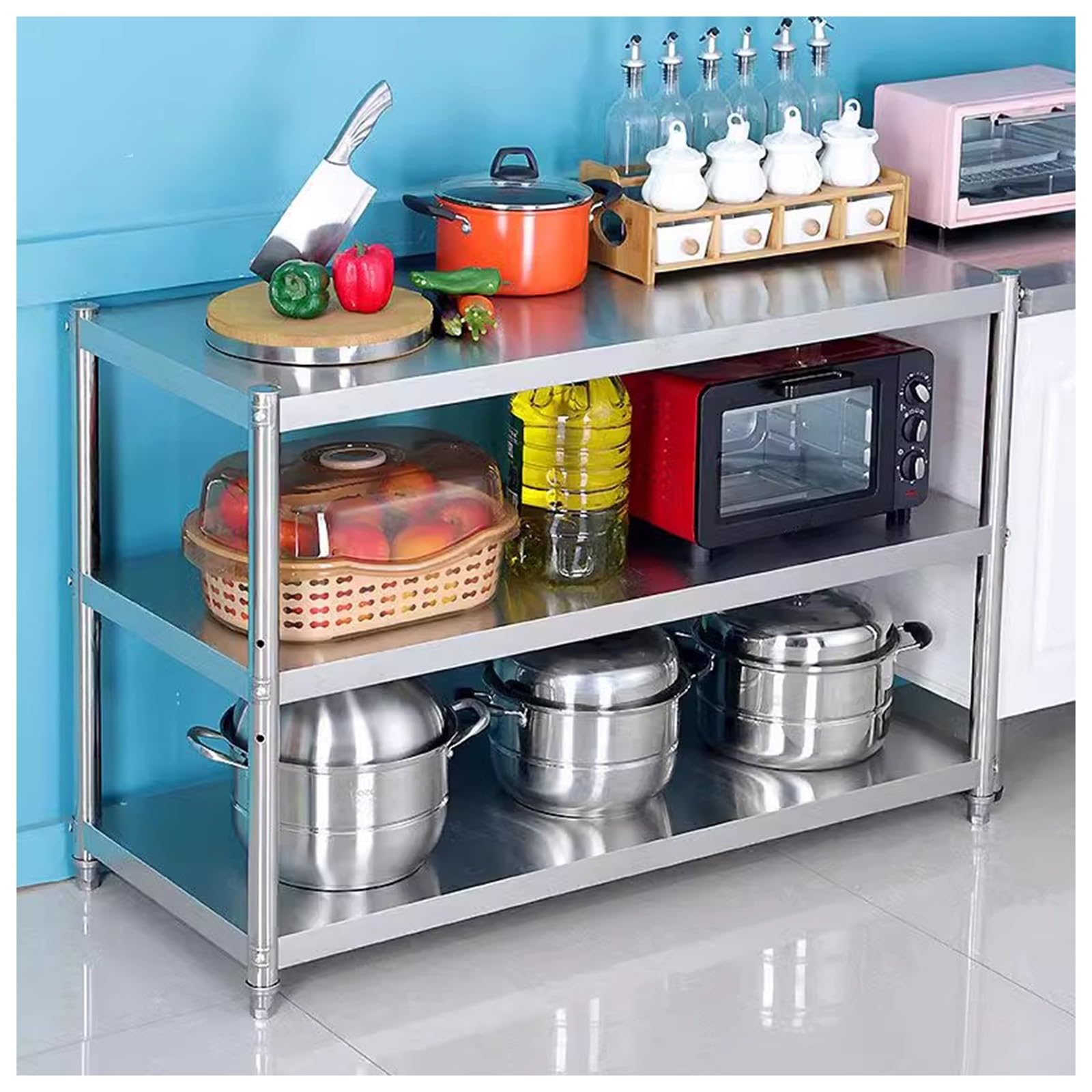Tavolo da cucina in acciaio inox, banco da lavoro a tre livelli con travi rinforzate, alta capacità di carico, ripiani aperti, grandi dimensioni (70 x 40 x 80 cm) per uso commerciale e domestico