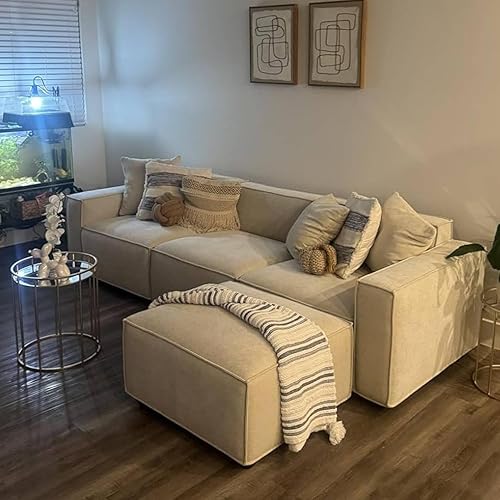 Miniatura 7 de Acanva Luxury Modular Sectional Living Room Sofa Set, Modern Minimalist Style Couch with Ottoman and Chaise, L-Shape, Linen-Like Cream Crema