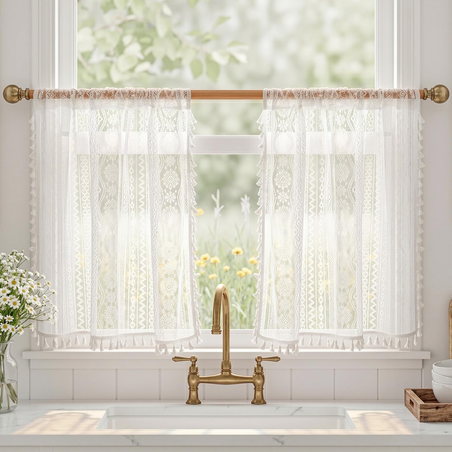 MYSKY HOME White Lace Tier Curtains 30 Inch Length 2 Panels Kitchen Cafe Sheer Short Boho Half Country Rod Pocket Curtains for Small Windows Basement Bathroom, 34" Wide Each Panel