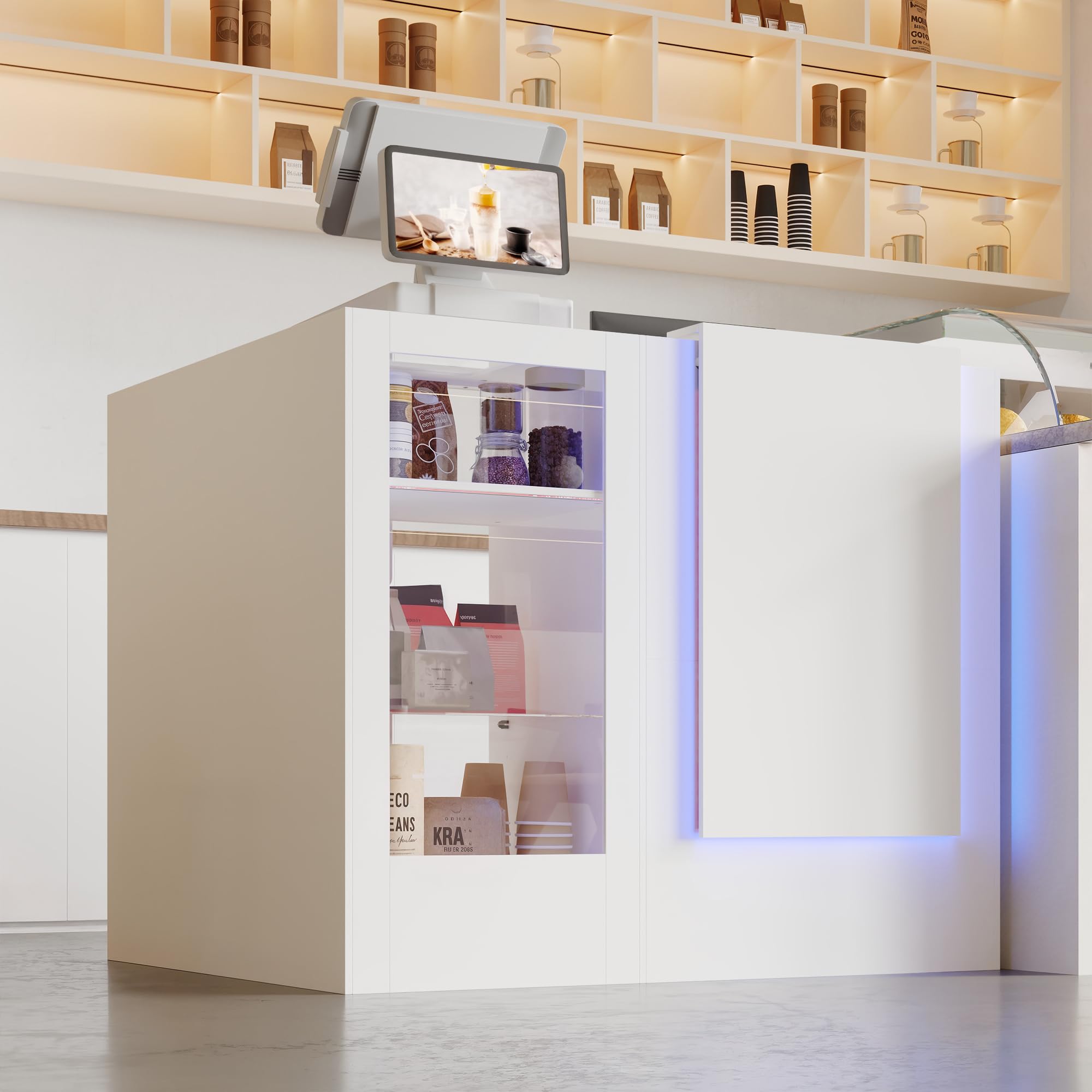 Caldion Moderno mostrador de recepción con iluminación LED, con cajón de tatuaje, mostrador de recepción de cristal templado, mesa de recepción en forma de L, color blanco, 120 x 100 x 103 cm