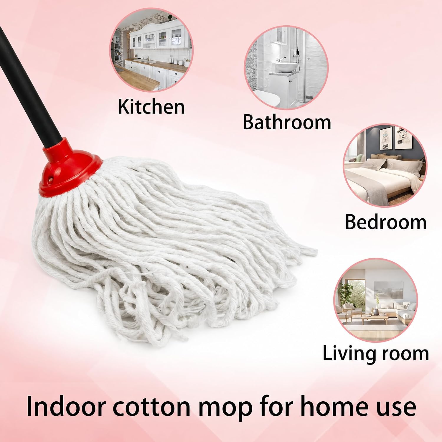Indoor Cotton Mops for Floor Cleaning, 52" Long Handle Cotton Mop, Cleaning Mops for Tiles and Hardwood Floor, Household Mop for Kitchen, Bathroom, Garage, Tile & Hardwood Floors（Red White）