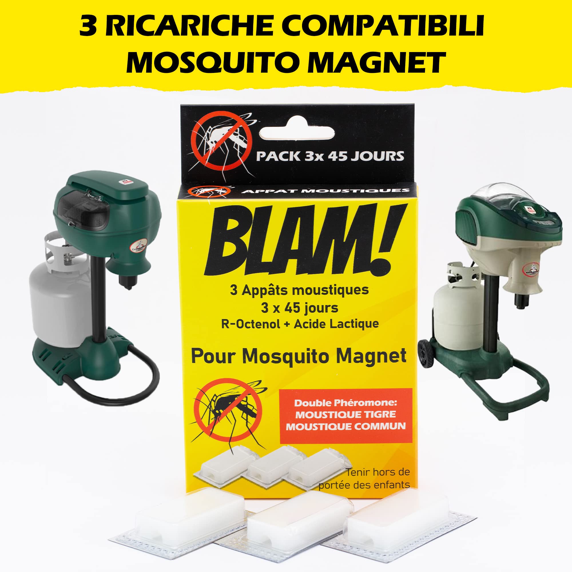 BLAM 3 Esche per zanzare compatibile Mosquito Magnet a doppio feromone: efficace su zanzare tigre e zanzare comuni grazie a R-Octenol e acido lattico (=Atrakta). 3x 45 giorni di efficacia