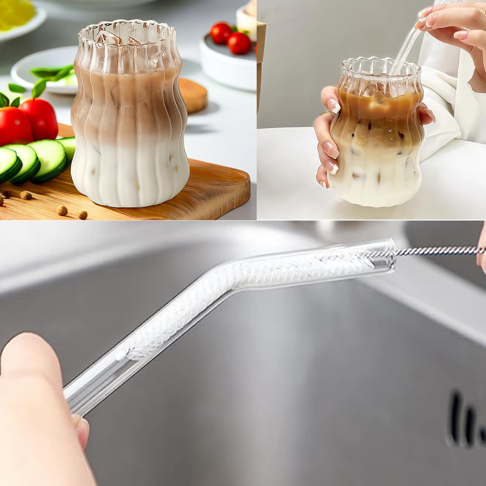 WANDGUbicchiere con cannucce e spazzole per la pulizia, set da 4 bicchieri da caffè e dessert, 500 ml