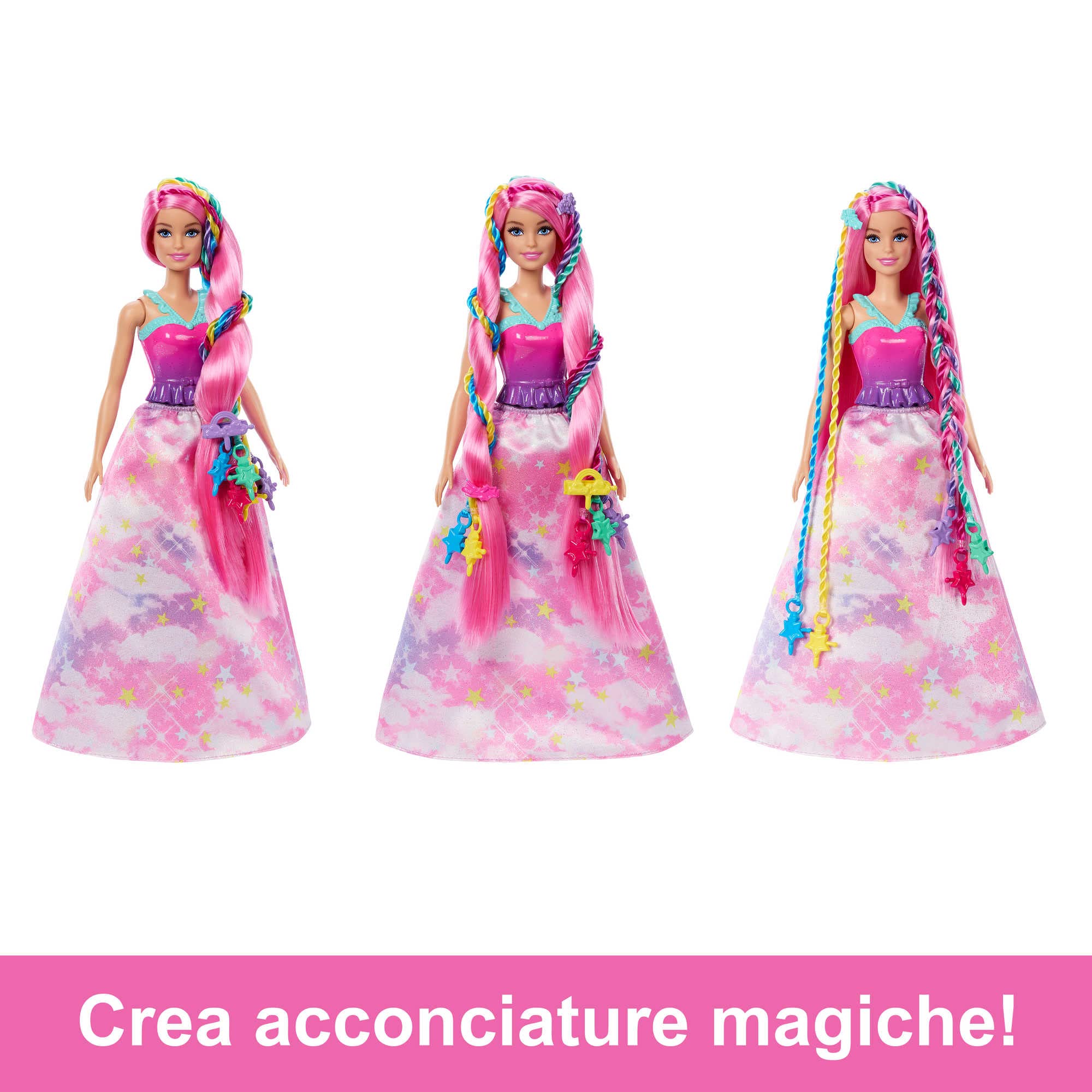 Barbie Dreamtopia - Chioma da Favola, bambola capelli fantasia con treccia e piega, extension arcobaleno e accessori per lo styling inclusi, giocattolo per bambini, 3+ anni, JCW55