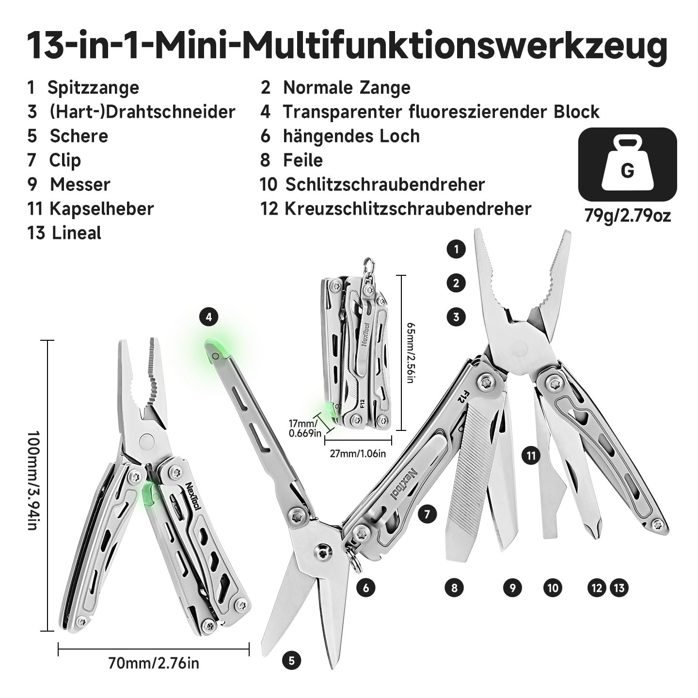 NexTool Multitool,F12 Mini Flagship 13 IN 1 Multitool Werkzeug für Schlüsselanhänger mit Zackenschere,Feile，Sicherheitsverriegelung,Upgrade 80CrMoV14 Stahl für EDC,Outdoor & DIY,Geschenk für Männer