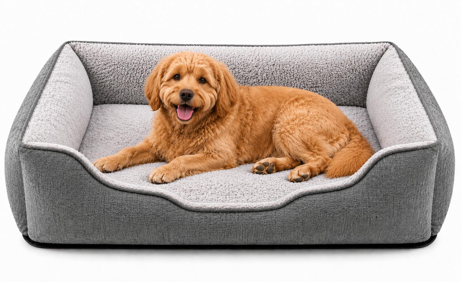 SuperGift.com Fluffy Calming Pet Bed for Dogs & Cats – Soft Plush Washable Cushion Sofa Bed with Raised Sides, Anti-Slip Base (Grey, XL)