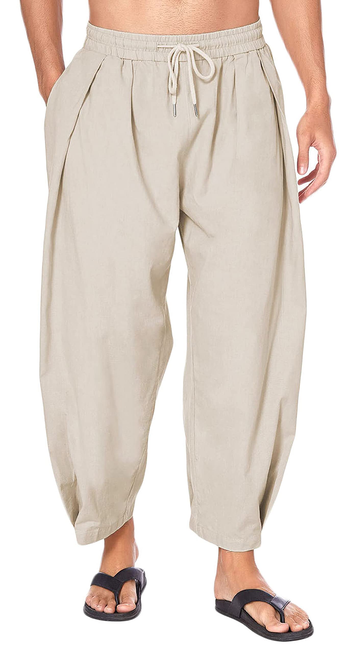 FEOYA Mens Cotton Linen Cropped Harem Trousers Elasticated Drawstring Harem Pants Casual Beach Baggy Trousers