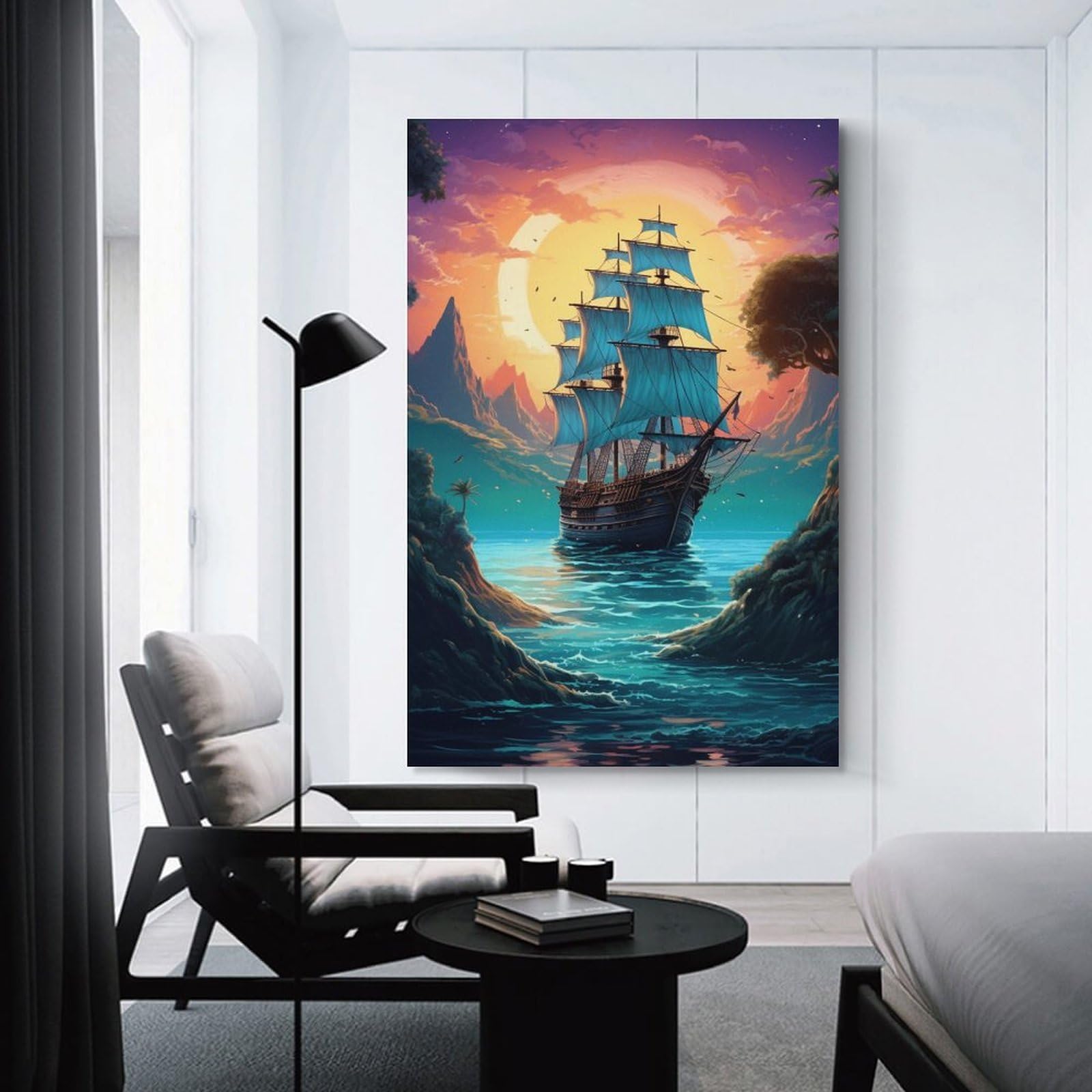 Junmoney Unframe-Style-2 Home Decor Wall Art Pirate Ship Sunset Island, 20X30inch(50X75cm), For Bedroom Decor, Cosy Corners Or Studios, Decorative Wall Art For Cosy Rooms
