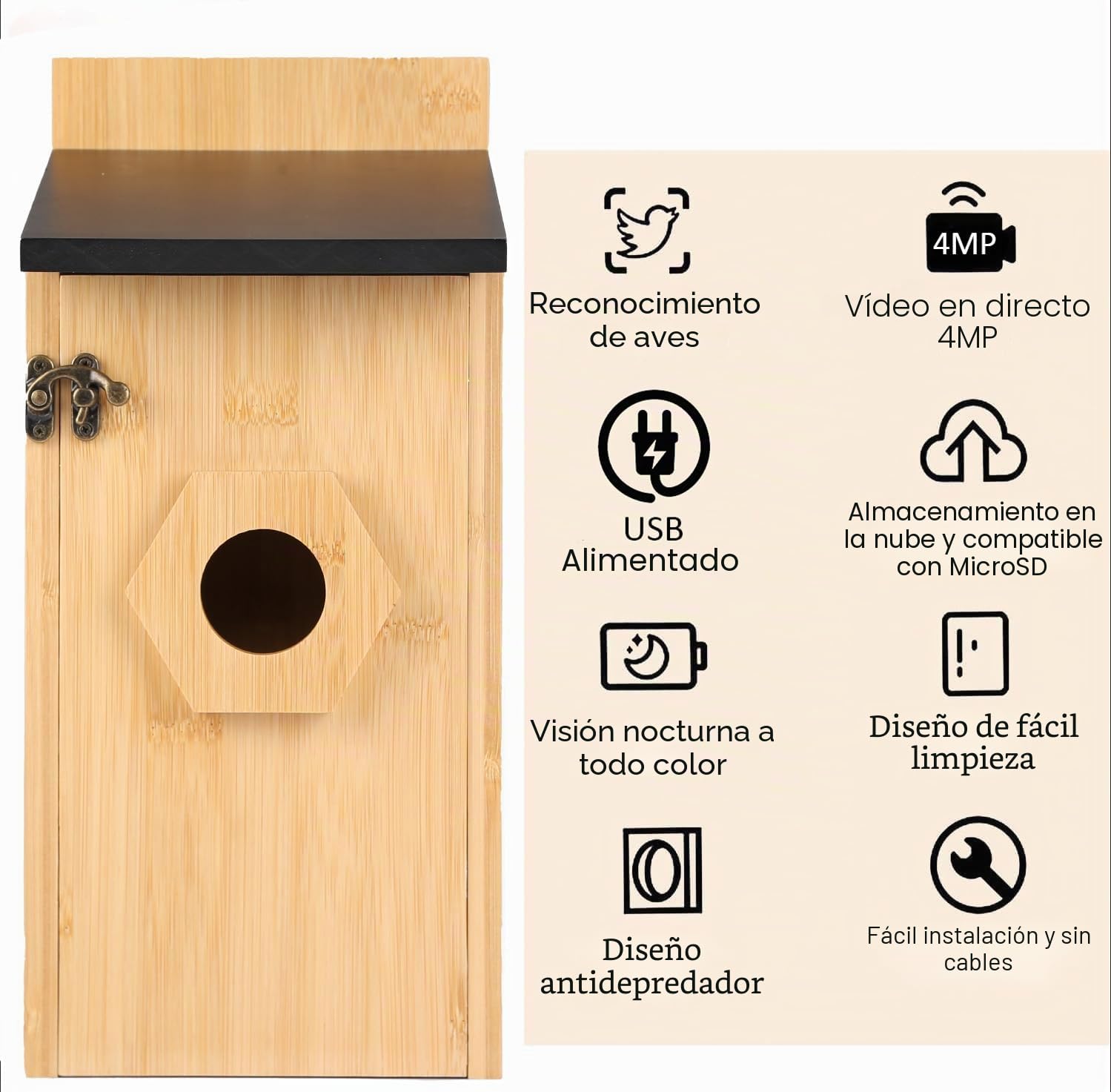 Casas para Pájaros con Cámara HD de 4MP, Caja de Pájaros Resistente a la Intemperie, WiFi de 2.4G y Notificación por Aplicación, Observa el Anidamiento y la Eclosión, Grabación Automática de Videos, A