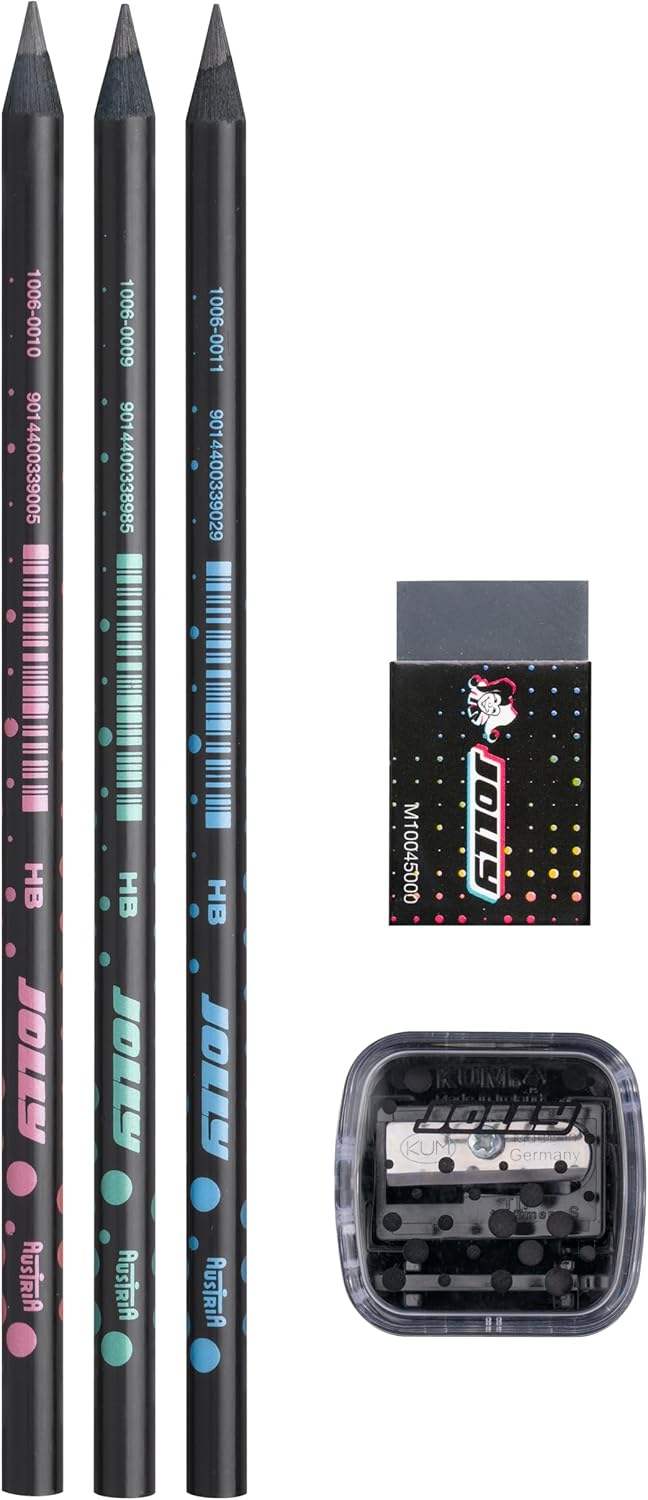 JOLLY Next Generation Graphite Set of 3 Graphite Pencils HB Black Wood Round Pen Shape with Subtle Design Including Black Eraser and Sharpener