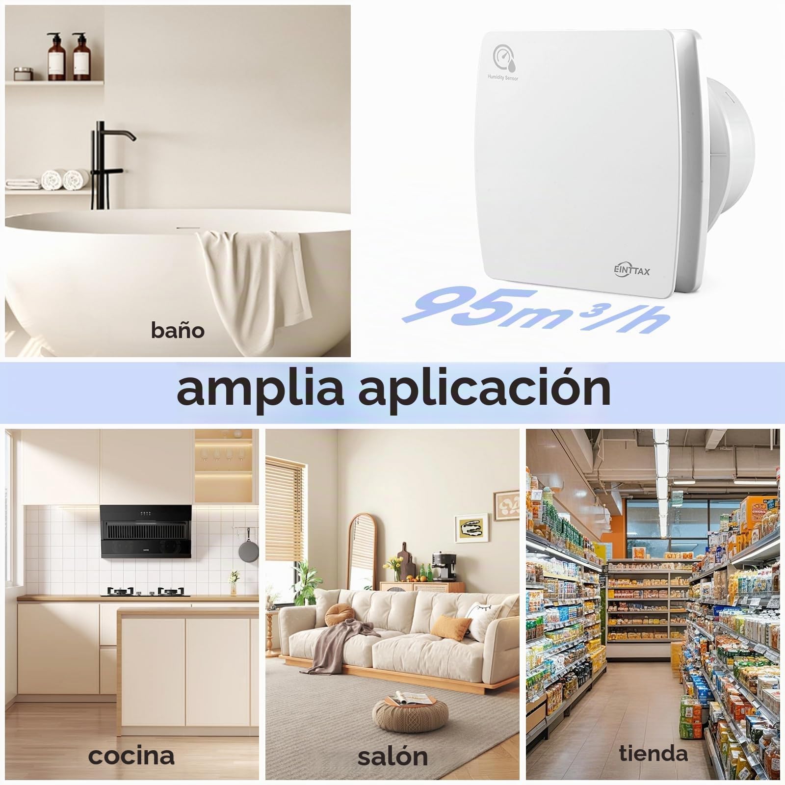 Ventilador extractor silencioso de 100 mm para baño con sensor de humedad y temporizador, ventilador cuadrado blanco para baño 95 m³/h, ventilador extractor de pared/ventana para cocina, ducha