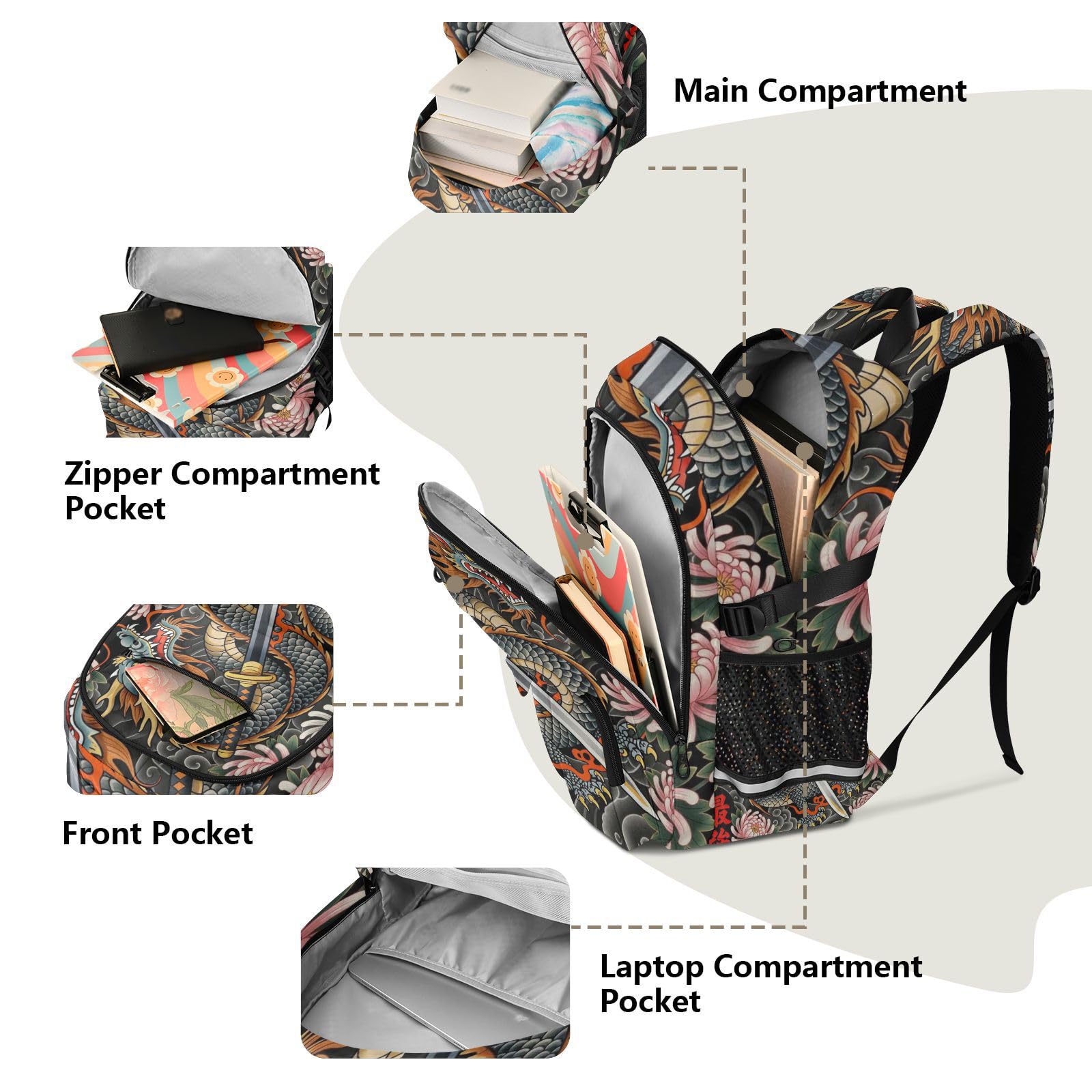 Grand sac à dos de voyage pour homme et fille Motif dragon et fleurs japonaises 44,5 cm