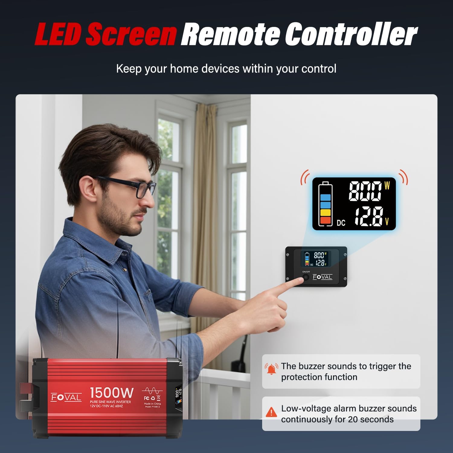 Person interacting with the remote controller for the FOVAL inverter, showing its LCD display.