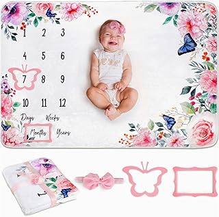 Baby Milestone Blanket for Baby Girl Baby Monthly Milestone Blanket Girl-Large Baby Blanket for Girls-Baby Girl Shower Gift for Nursery Decor-Baby Girl Blanket with Headband and Frames