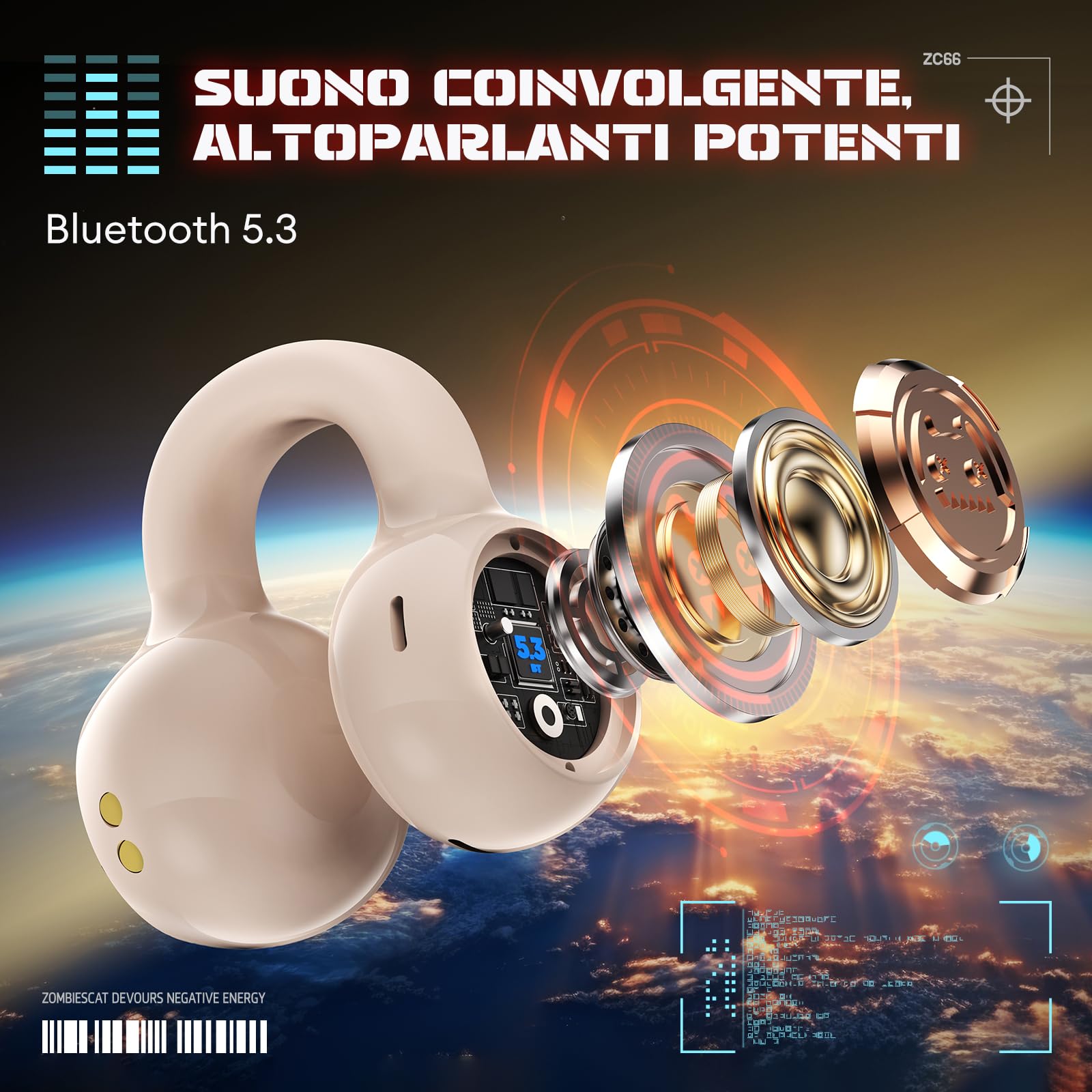 ZOMBIES CAT Cuffie Bluetooth Open Ear Auricolari Bluetooth 5.3 60H Playback cuffie sport stereo con bassi profondi Effetti di luce esclusivi cuffie senza filo per iOS Android, B3 Bianco