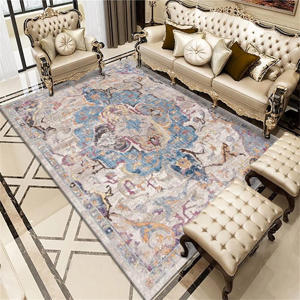 Tapis de salon bleu gris graphique lavable et sécurisé