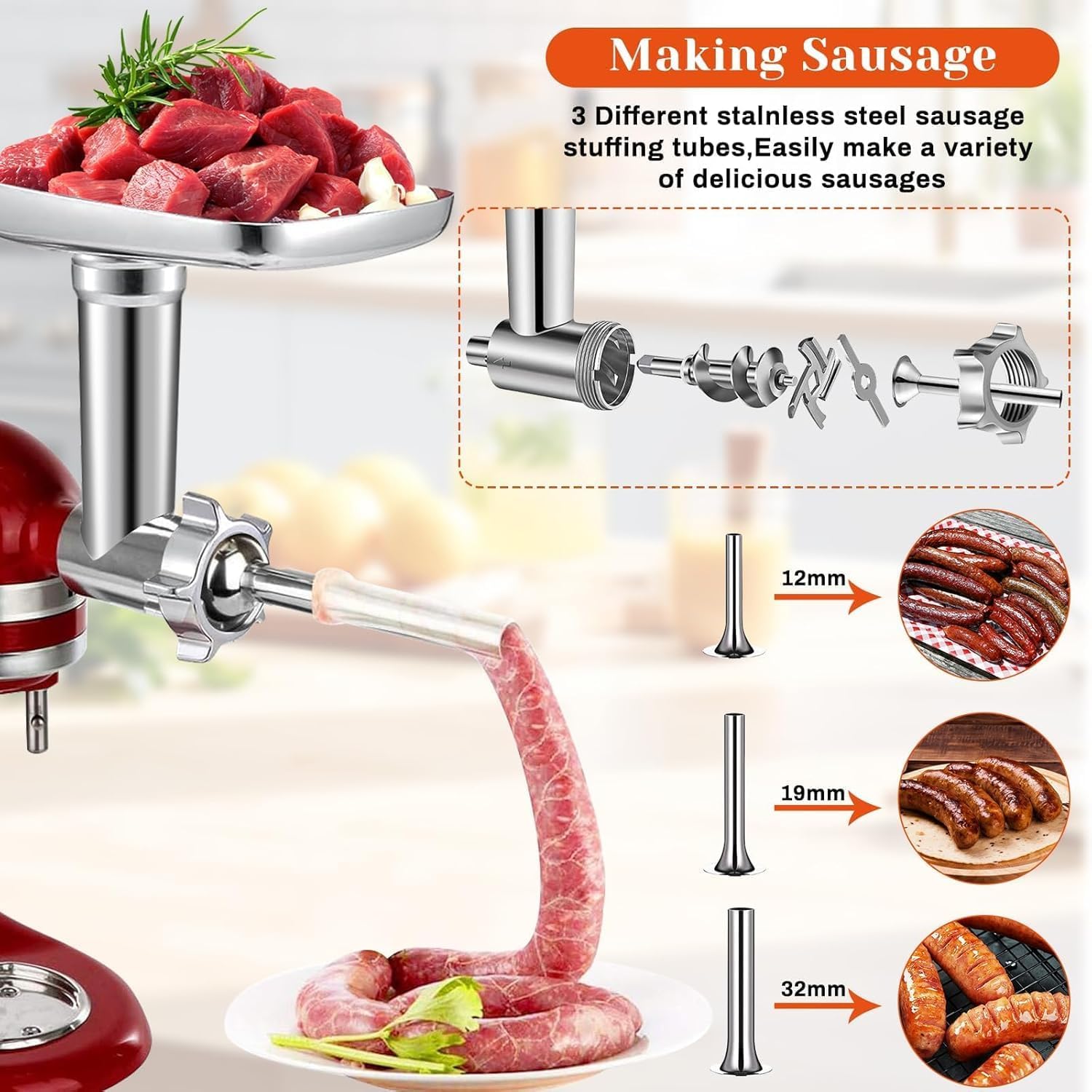 Accesorio picador de carne para batidora de pie Kitchenaid, con 3 cuernos para embutir salchichas, 3 cuchillas para picar, 4 discos para picar y prensa para hamburguesas (acero inoxidable)