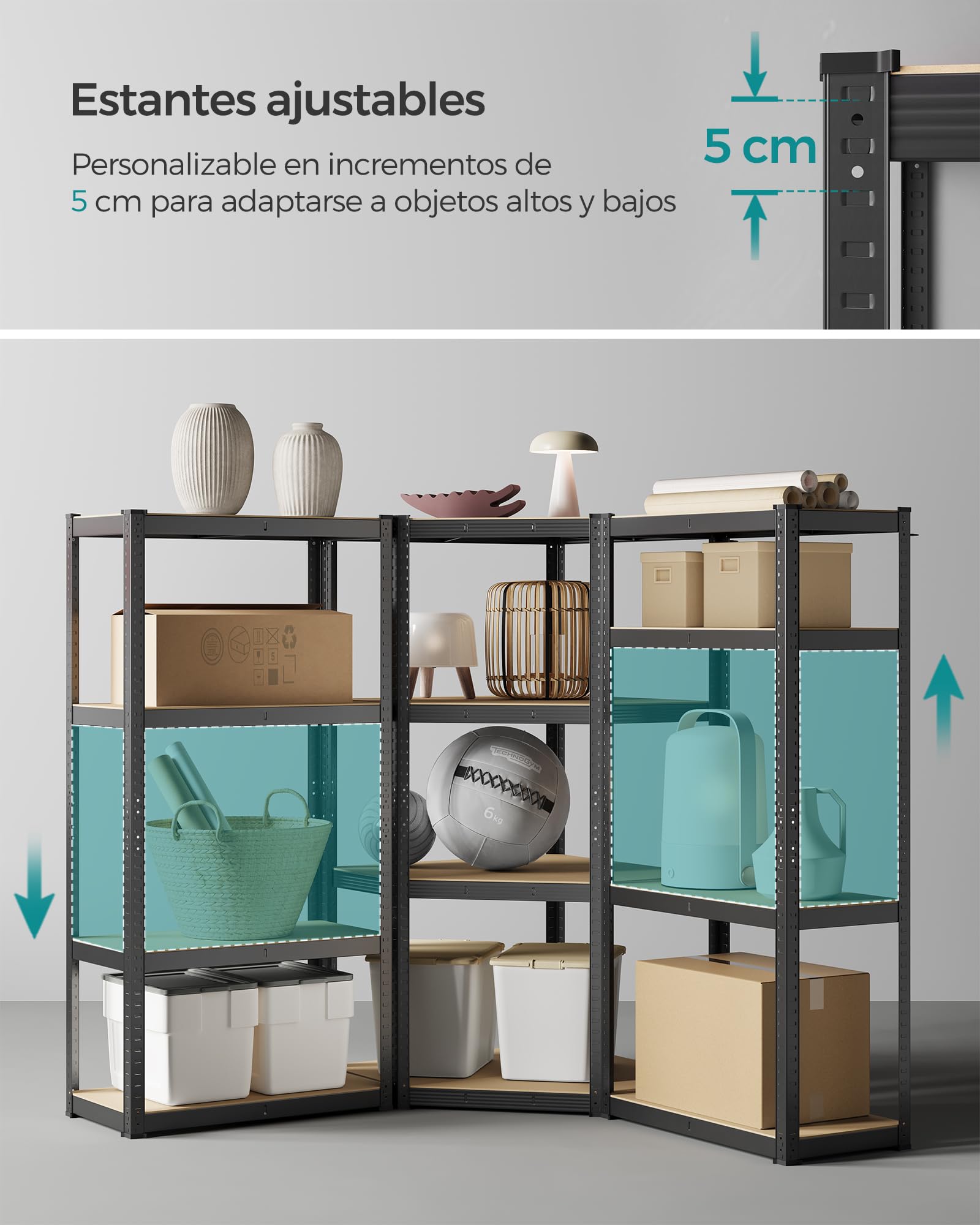 SONGMICS Estantería esquinera de 4 Niveles, estantería de Garaje, estantería de Metal Resistente, para Garaje, trastero, almacén, Cargas de 1500 kg, Tinta Negra y Beige Natural GLR056B03