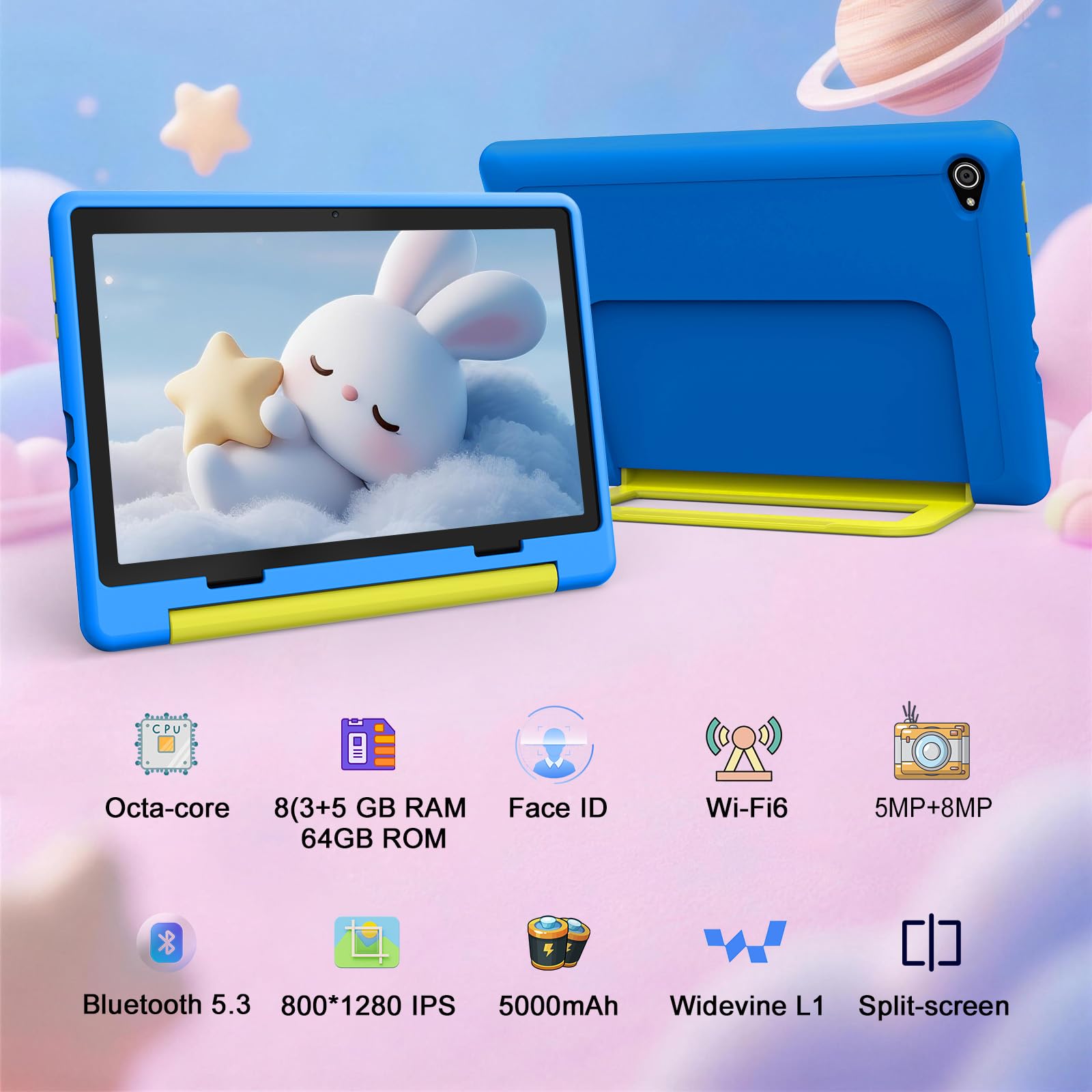 The Laptok 10-inch kids tablet in blue, featuring a protective case and large display.