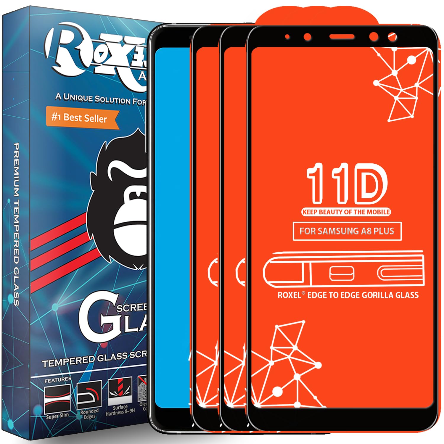Roxel Tempered Glass Screen Protector Compatible for Samsung Galaxy A8 Plus (Black) Edge to Edge Coverage with Easy Installation kit (Pack of 3)