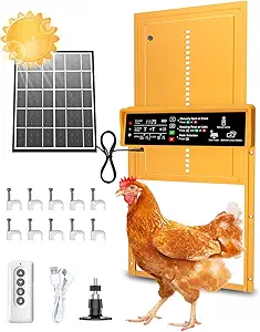 2025 Upgrade 7W Solar Power Chicken Door, Pet Deluxe Automatic Chicken Coop Door with 10PCS Wire Clip, Timer, Light Sensor, LCD Display & Anti-Pinch Durable Aluminum Auto Coop Door with 4 Modes-Gold