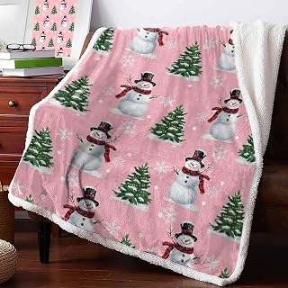 Christmas Sherpa Fleece Blanket, Winter Snowman Christmas Tree Snowflakes Pink Soft Cozy Luxury Bed Blanket 50''x80'' - Fuzzy Thick Reversible Super Warm Fluffy Plush Microfiber Throw for Couch