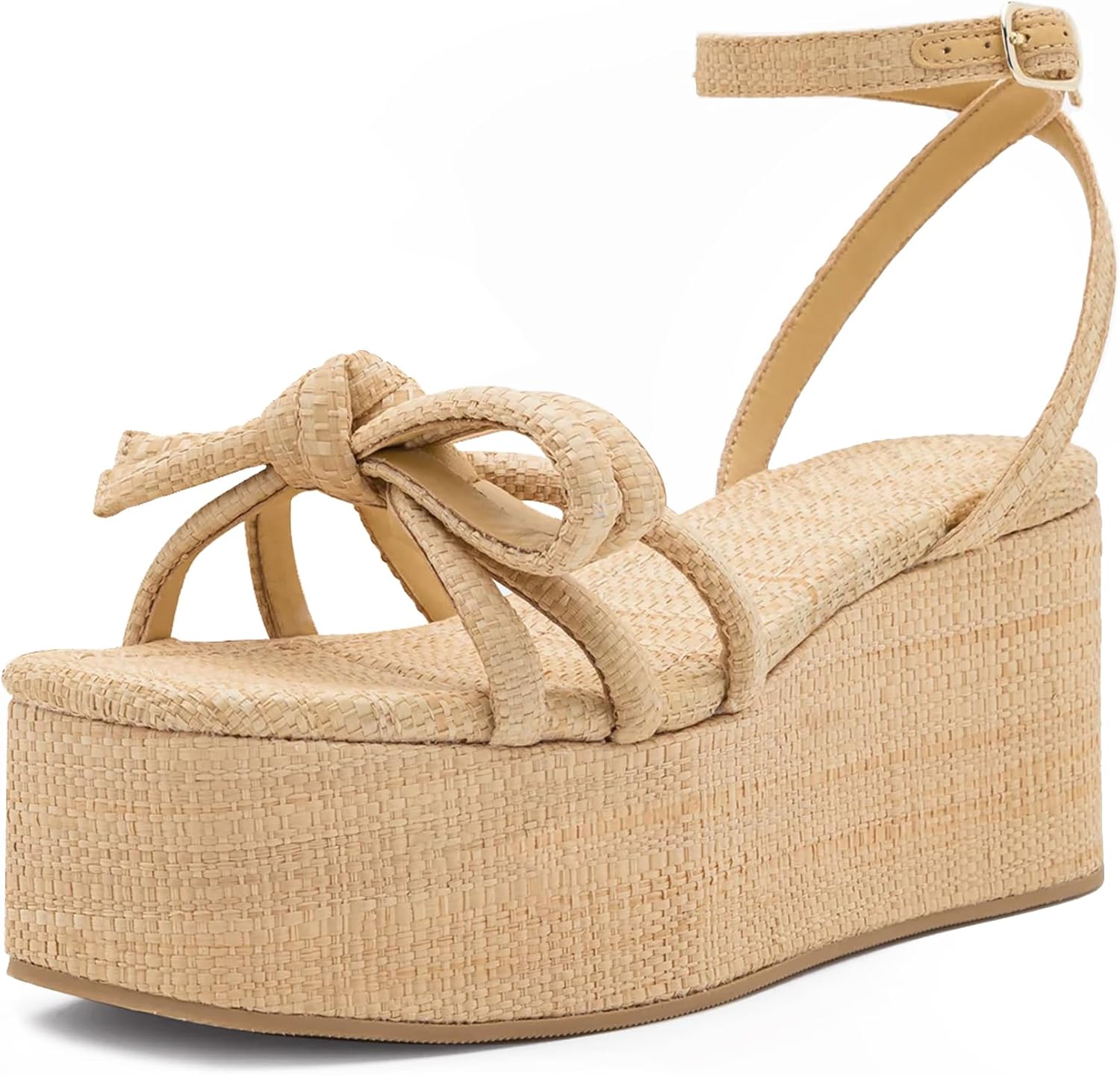 Raffia Platform Sandals for Women,Bow Ankle Strappy Espadrille Wedges Sandals Comfortable Square Open Toe Straw Sandals