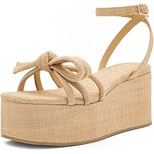 Raffia Platform Sandals for Women,Bow Ankle Strappy Espadrille Wedges Sandals Comfortable Square Open Toe Straw Sandals