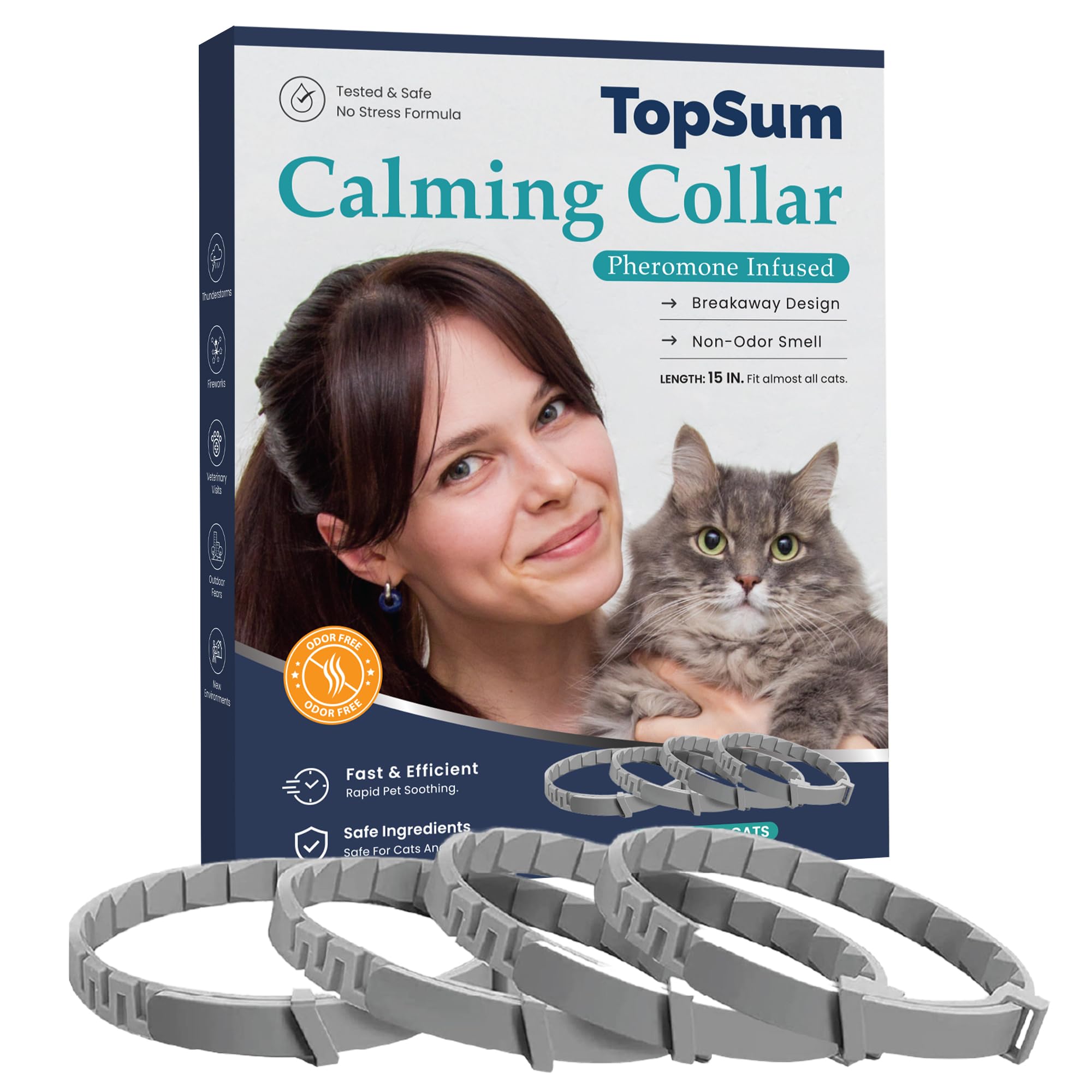 TopSum Calming Collar for Cats: Adjustable & Waterproof, Supports Relaxed Behavior – 4 Pack (Ash)