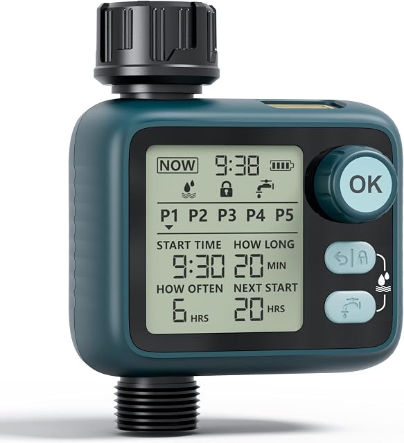 Water Timer with Rain Auto Sensor, Diivoo 5 Separate Watering Programs Hose Timer for Irrigation, Sprinkler Timer with Manual Mode, Child Lock Mode, IPX5 Waterproof for Garden, Outdoor Lawn, Pool