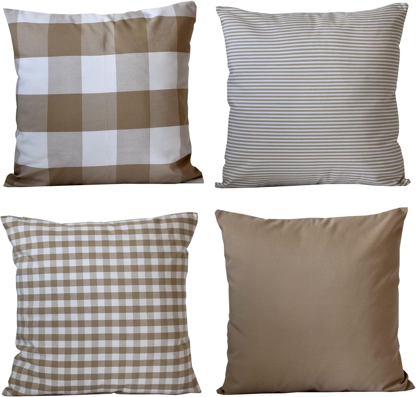 HOPLEE Farmhouse 24x24 Pillow Covers with Buffalo Plaid, Solid Beige, Striped and Gingham Plaid Design 24x24 Inches,4 Pack