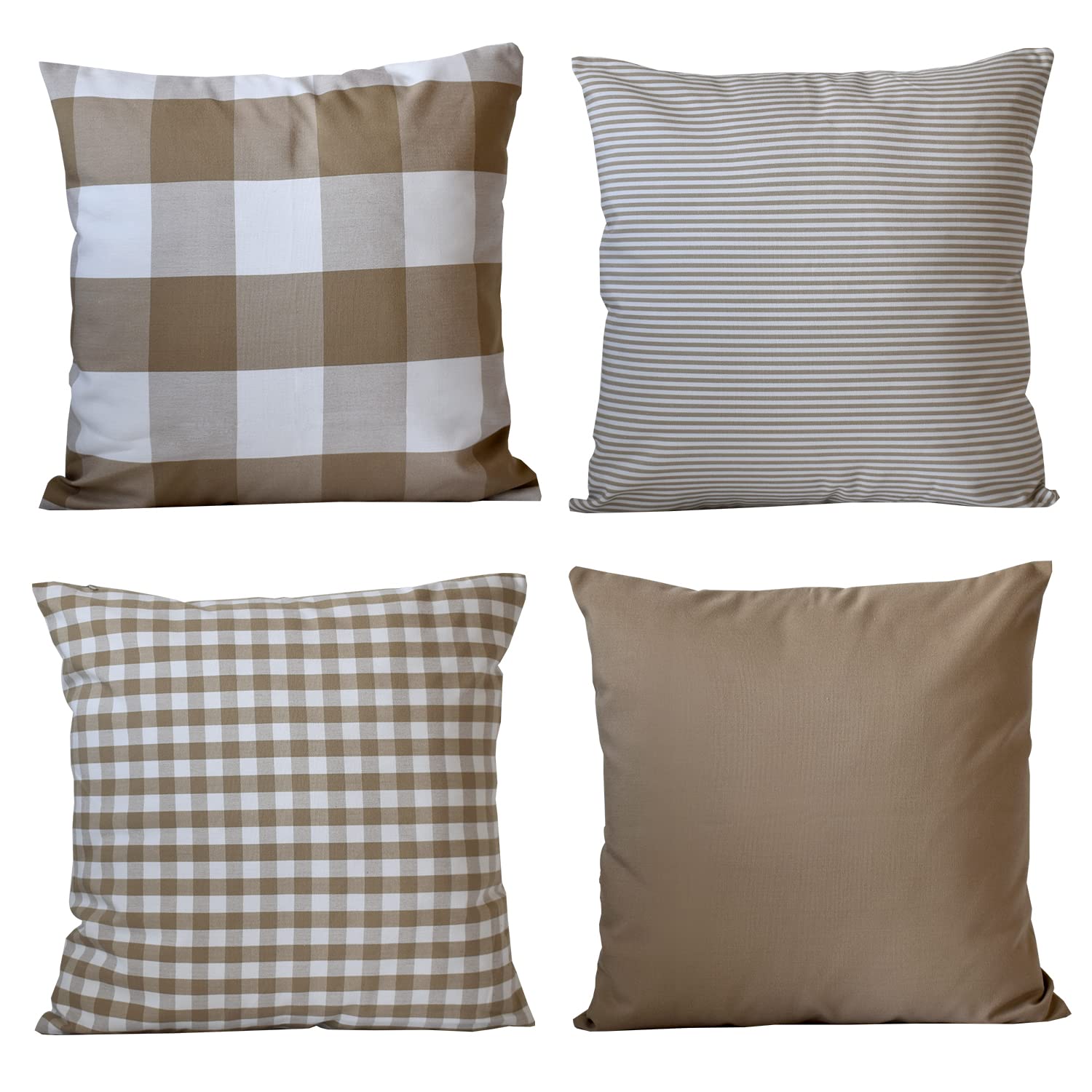 HOPLEE Farmhouse Pillow Cover Cushion Cover with Buffalo Plaid, Solid Beige, Striped and Gingham Plaid Design 20x20 Inches,4 Pack