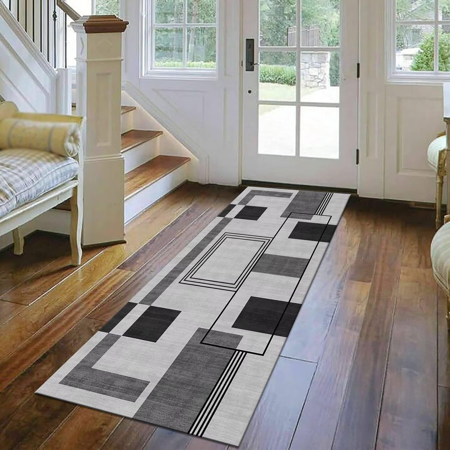 Antypoślizgowy szary czarny chodnik dywan 40 x 300 cm - do kuchni, przedpokoju, salonu, biura, drewniany ochraniacz podłogi, dywan do przedpokoju i sypialni, stylowy nowoczesny design