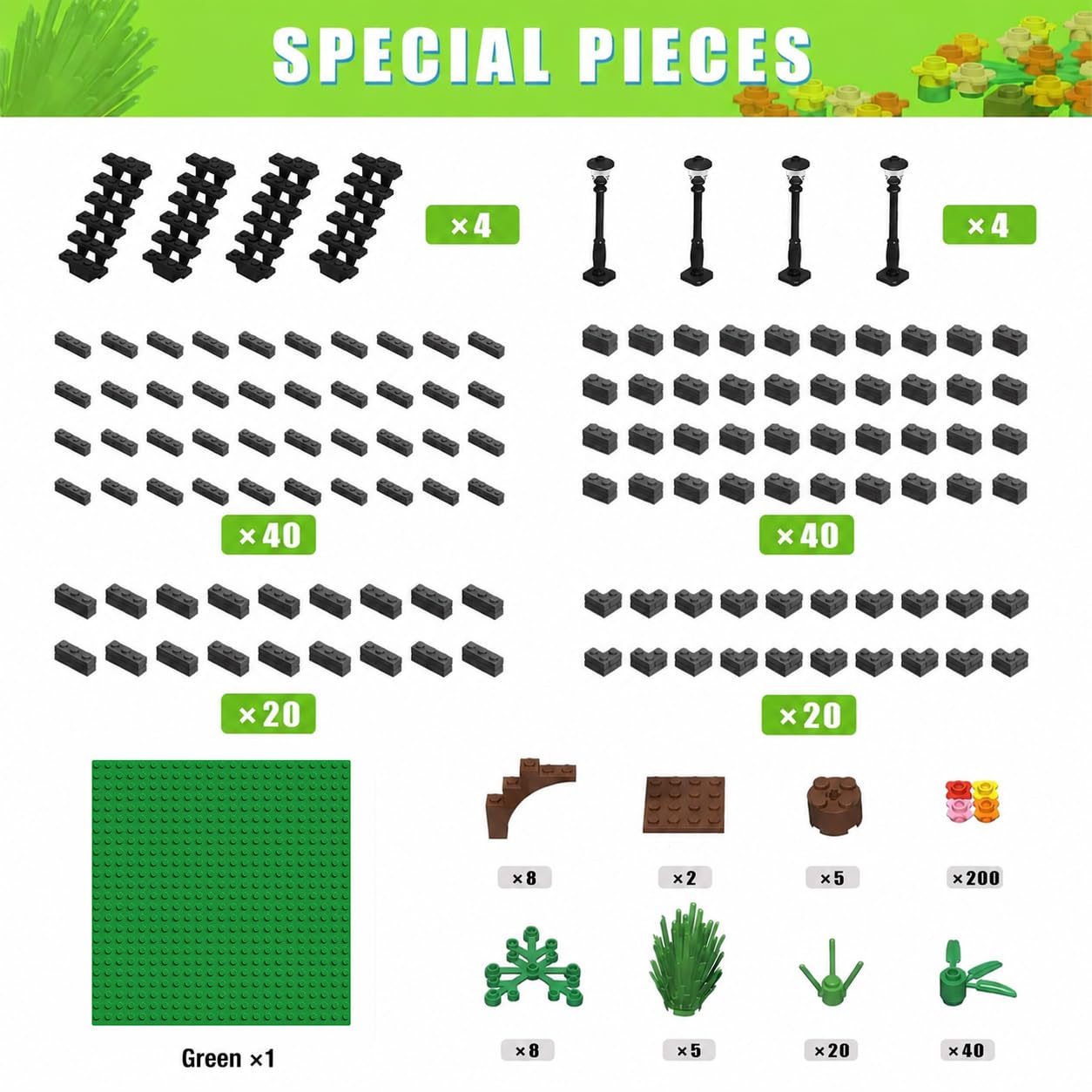 Lot de 2000 blocs de construction classiques avec 1 jeu de plaques de construction, 460 fleurs/arbres/prairies, compatible avec toutes les marques importantes, convient pour les garçons et