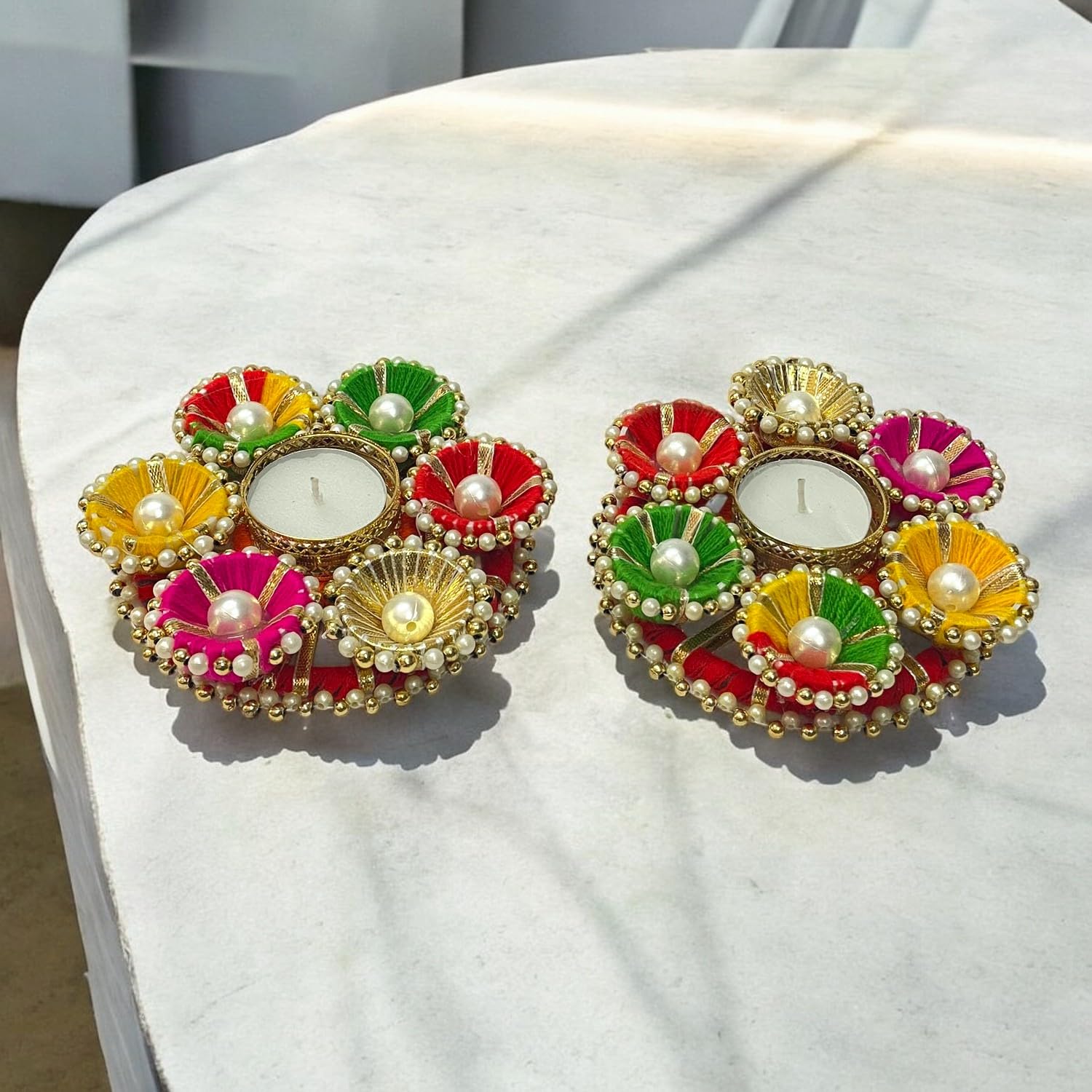 AorviDesigns Candle ealight Diya Handcrafted Round Gota Patti Work Design Diwali Decorative Tea Light Candle Holder|Rangoli|Puja|Decoration|Multicolor-image-48