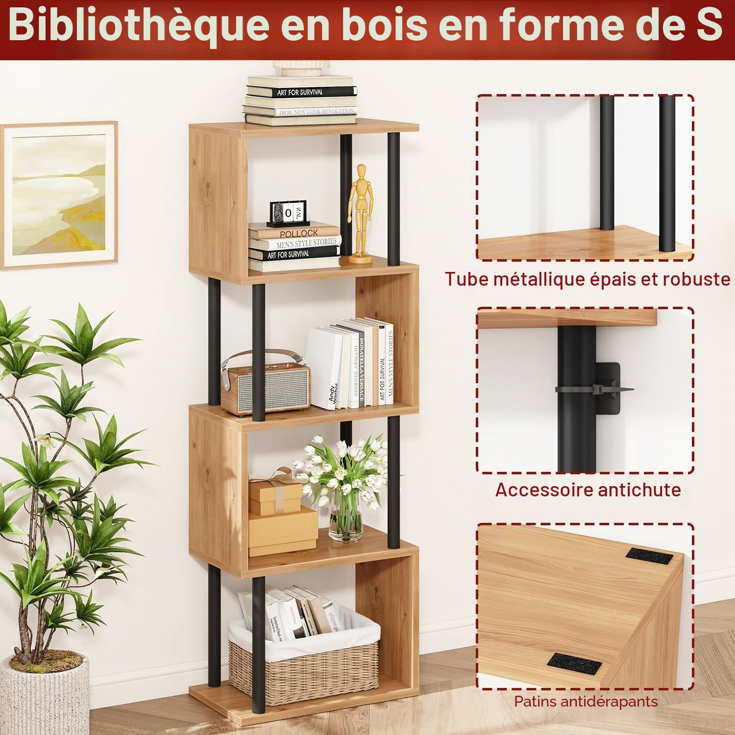 IBUYKE Bibliothèque en Forme de S, Étagère à Livres à 5 Niveaux,Meuble de Rangement,bibliothèque Moderne pour Salon, Chambre à Coucher, Bureau à Domicile,Chêne WBC015K