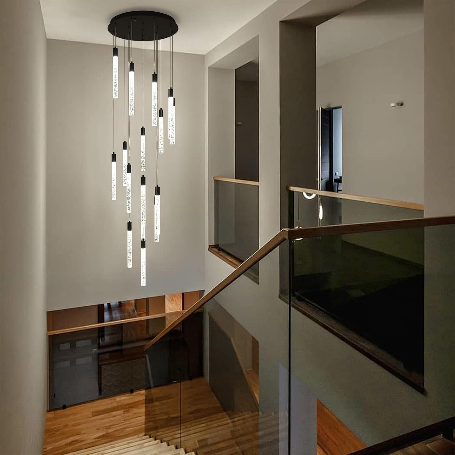 GEADI Modern LED High Ceiling Chandelier with Remote Control,16 Lights Crystal Foyer Chandeliers for High Ceilings,Black Dimmable Long Pendant Light for Staircase Entryway Living Room