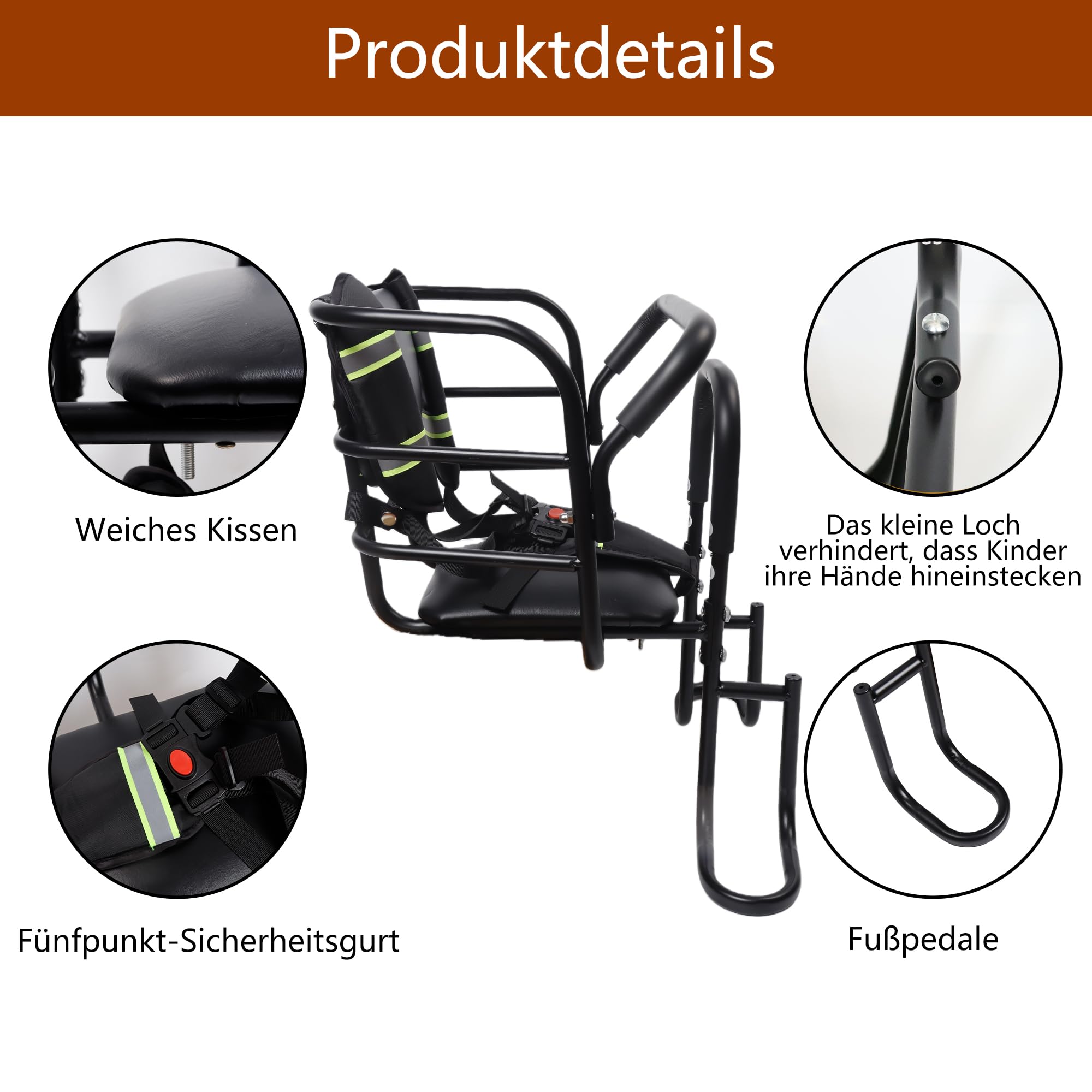 QMD Kinderfahrradsitz für hinten, Kinderfahrradsitz mit Rückenlehne, Pedalen, Pedalen, Rückenlehne und Haltegriff, Geeignet für Kinder von 18 Monaten bis 8 Jahren, einfache Montage
