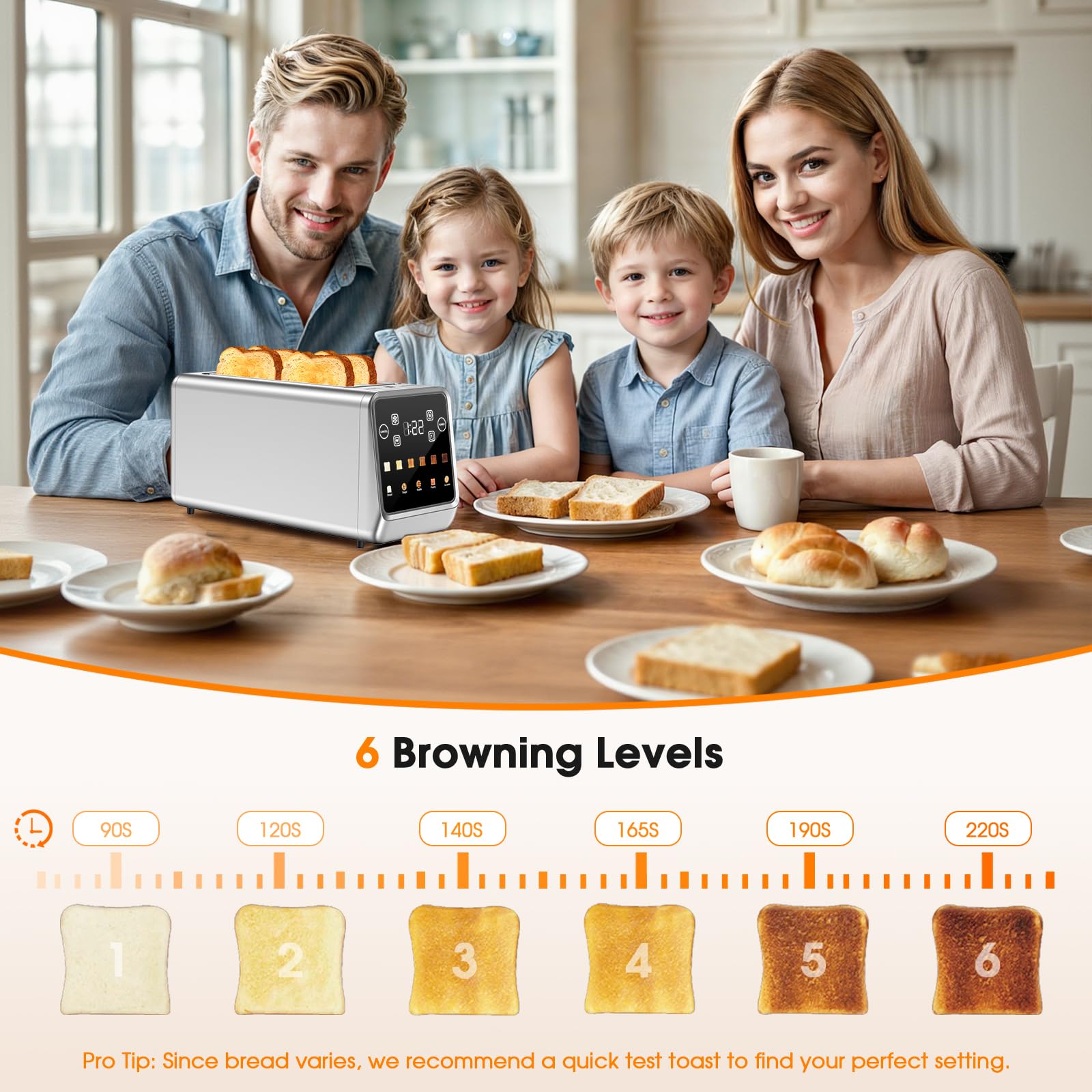 Long Slot Toaster 4 Slice with Touchscreen, 2-Slot Extra Wide 1.5 Inch | Stainless Steel, 1400W, 2-Slot Smart Appliance, Single Mode, BreadID Tech, Digital Timer, For Bagel Waffle