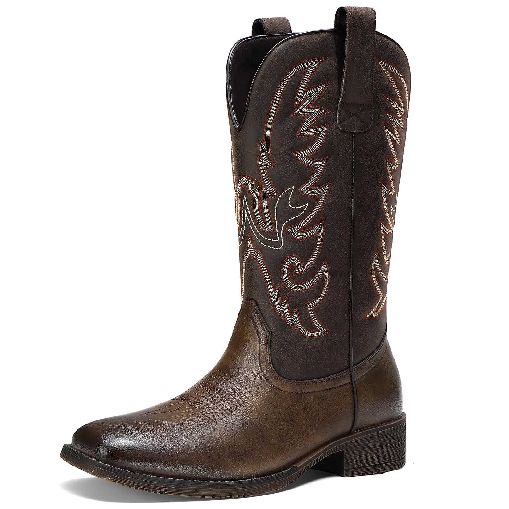 Cowboy Boots for Men Western Boots with Square Toe Classic Retro Embroidered Fashionable Durable Slip-Resistant Mid-Calf Pull on Boot