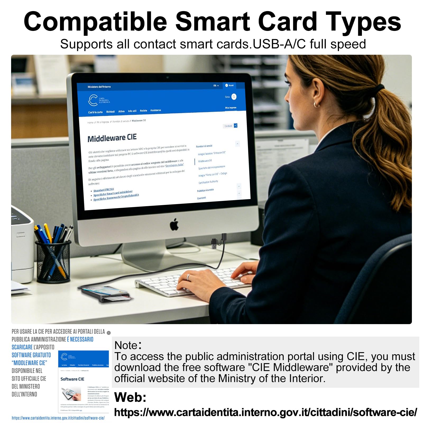 Lettore CIE 3.0 Carta d'Identità e Tessera Sanitaria,USB-A + USB-C Lettore Smart Card Firma Digitale,Lettore Carta Identita Elettronica Contatto e Contactless CIE/CRS/CNS Smart Card NFC per Windows