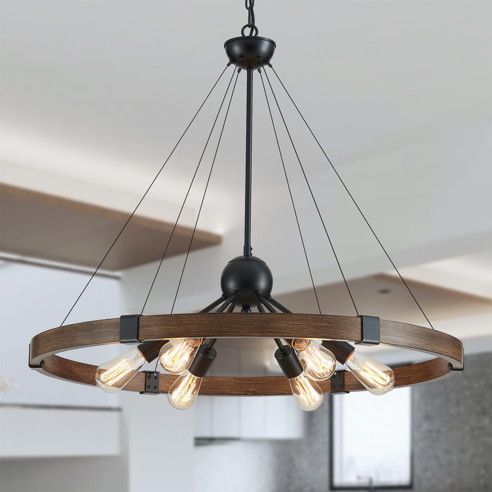 XINGQI 31.5" Wagon Wheel Chandeliers Modern Farmhouse Light Fixture, Black & Wood Grain Finish 6-Light for Dining Room Living Room Office