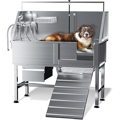 Dog Washing Station,Professional 46" Stainless Steel Dog Bathing Station Height Adjustable Dog Wash Station for Home Dog Grooming Tub Ramp, Drawer, Floor Grate & Fauct (R Ramp)