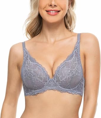 Deyllo Womens Sexy Lace Bra Non-padded Underwire See through Unlined Bra Mesh Sheer Plunge Low Cut Bralettes