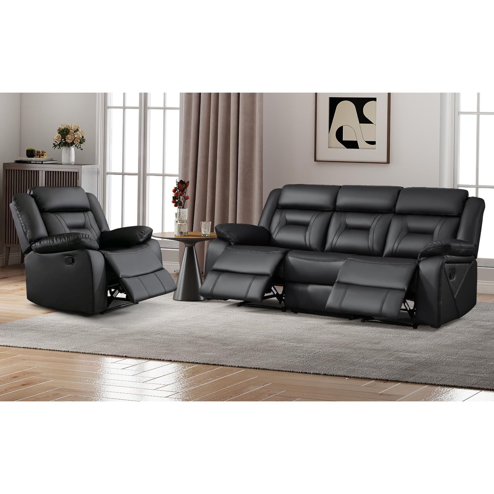 EBELLO Manual Recliner Sofa Set, Faux Leather Reclining Living Room Furniture Set, Included Recliner Chair and 3 Seat Manual Recline Sofa, Black view 7