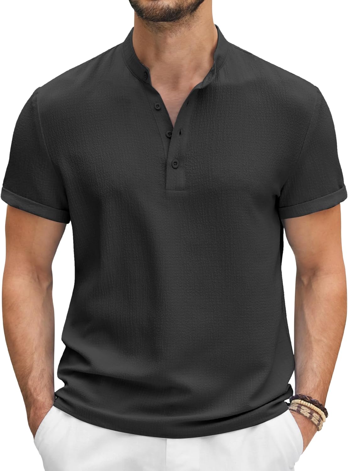 COOFANDY Men's Casual Linen Henley Shirt Band Collar Short Sleeve