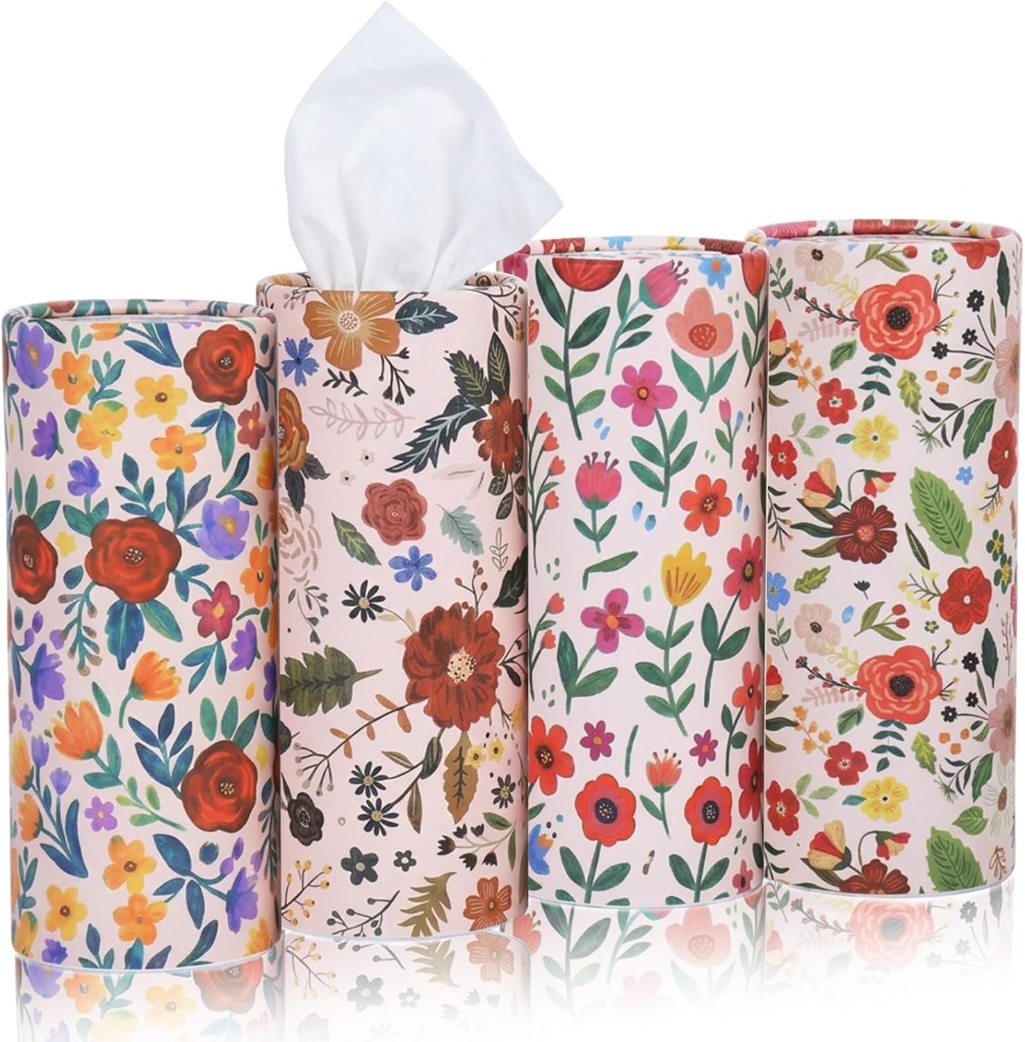 EUOYUFO 200 Sheets Car Tissues with 4 Pack Floral Bow Design Cylinder Holder Round Portable Travel Tubes Box Container Tissue for Car Cup Holders Home Bathroom Office