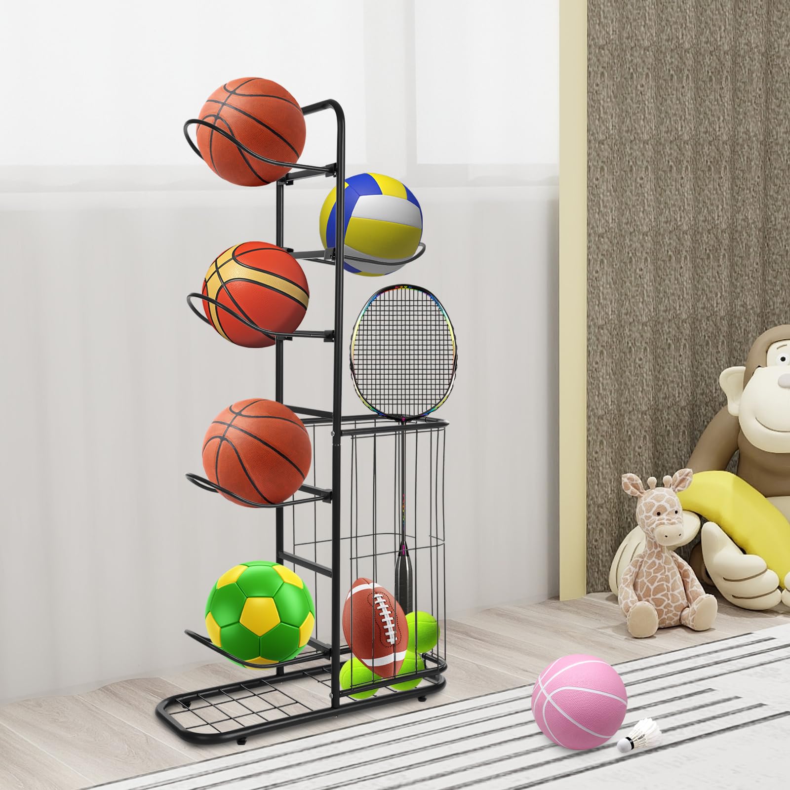 Soporte para pelotas de baloncesto, con 5 soportes y cestas, soporte de metal para equipos deportivos, para baloncesto, voleibol, fútbol