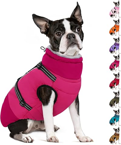 SUNFURA Dog Coat for Small Dogs, Warm Dog Winter Jacket with Harness Built in, Waterproof Pet Snow Jacket Fleece Cold Weather Coats for Puppy Chihuahua, Maltese, Hot Pink XS